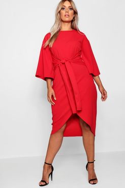 Plus Kimono Sleeve Wrap Over Midi Dress - Red - 12