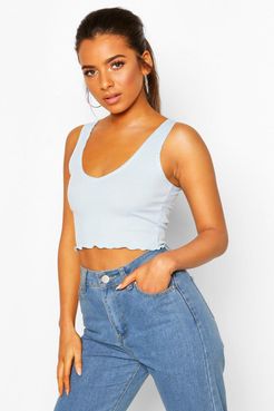 Petite Amanda Lettuce Hem V Neck Crop Top - Blue - 10