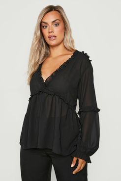 Plus Ruffle Detail Plunge Blouse - Black - 16