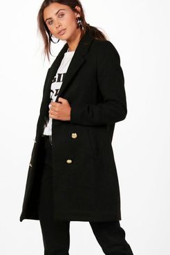 Petite Double Breasted Military Duster Coat - Black - 0