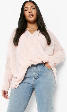 Plus Wrap Front Knitted Sweater - Pink - 24
