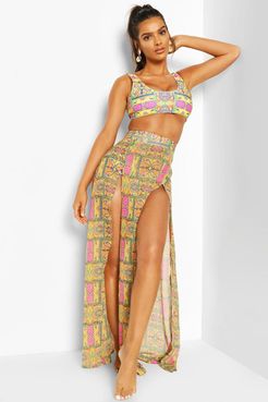 Tropical Tile Print Split Leg Maxi Beach Skirt - Yellow - 4