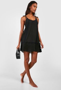 Embroidered Cheesecloth Beach Dress - Black - S