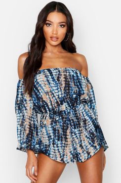 Tie Dye Beach Off The Shoulder Romper - Blue - S