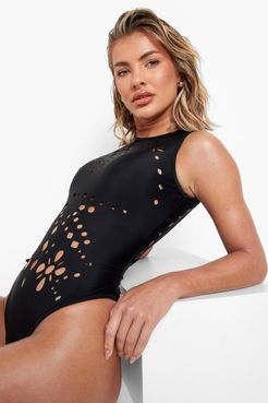 Laser Cut Bathing Suit - Black - 2