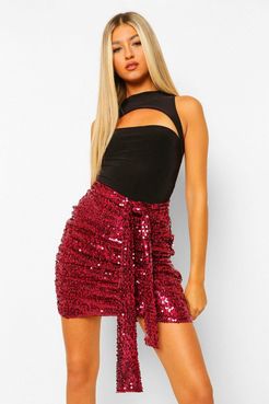 Tall Ruched Front Drape Detail Sequin Mini Skirt - Pink - 2