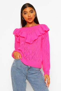 Tall Pointelle Ruffle Front Sweater - Pink - S/M