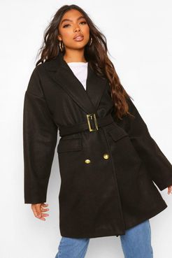 Tall Military Detail Belted Wool Look Coat - Black - 4