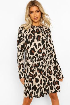 Tall Leopard Print Long Sleeve Smock Dress - Brown - 2