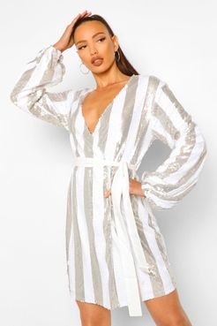 Tall Stripe Sequin Wrap Belted Mini Dress - Grey - 2