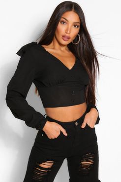 Tall Bow Detail Ruched Bust Crop Top - Black - 2