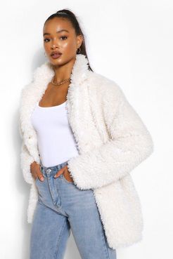 Tall Oversized Faux Fur Shaggy Coat - Cream - 4