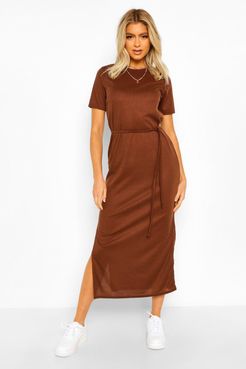 Tall Side Split Belted Rib T-Shirt Dress - Brown - 4