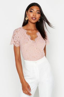 Tall Short Sleeve Eyelash Lace One Piece - Pink - S