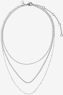 Stone Embellished Rhinestone Chain Layered Necklace Women's Silver