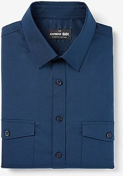 Slim Solid Double Pocket Stretch Cotton 1Mx Dress Shirt Blue Men's XS