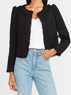 Puff Sleeve Boucle Cropped Business Blazer Women's Pitch Black