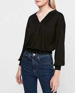 Smocked V-Neck Banded Bottom Top Black Women's XS