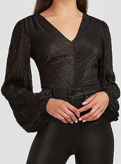 Metallic Pleated Puff Sleeve Thong Bodysuit Women's Pitch Black