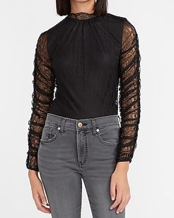 Lace Ruched Sleeve Mock Neck Top Women's Pitch Black