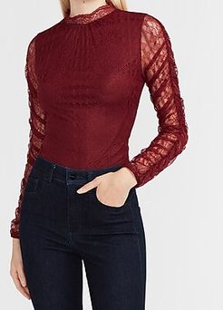 Lace Ruched Sleeve Mock Neck Top Red Women's XS