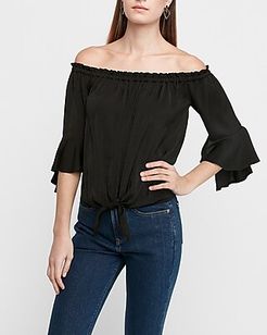 Satin Tie Front Off The Shoulder Top Women's Pitch Black