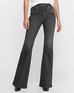 Super High Waisted Denim Perfect Black Embellished Rhinestone Slim Flare Jeans