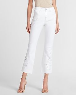 High Waisted White Embroidered Cropped Flare Jeans
