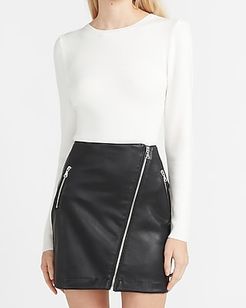 High Waisted Faux Leather Asymmetrical Zip Mini Skirt Women's Pitch Black