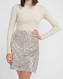 High Waisted Ruched Sequin Mini Skirt Women's Metallic Silver