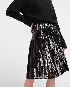 High Waisted Sequin Pleated Midi Skirt Women's Pitch Black