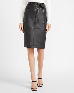 High Waisted Faux Leather Belted Utility Pencil Skirt Women's Pitch Black