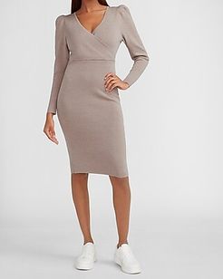 Wrap Front Puff Sleeve Sweater Dress Neutral Women's M