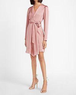 Satin Puff Sleeve Wrap Dress Pink Women's XXS