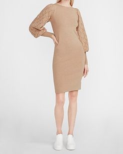Cable Balloon Sleeve Sweater Dress Women's Camel Heather