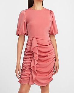 Puff Sleeve Ruched Ruffle Dress Women's Coral Blush