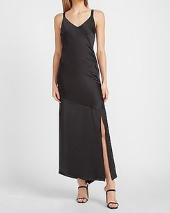 Satin V-Neck Midi Slip Dress Women's Pitch Black