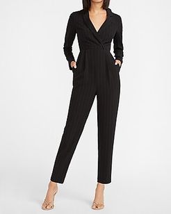 Pinstripe Long Sleeve Blazer Jumpsuit Women's Black And White Stripe