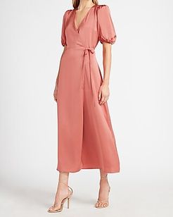 Satin Puff Sleeve Belted Wrap Maxi Dress Pink Women's XXS