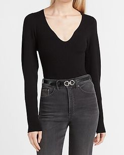 Fitted Ribbed Notch Neck Sweater Women's Pitch Black