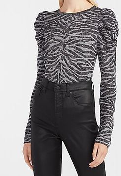 Metallic Zebra Ruched Puff Sleeve Sweater Women's Black And White