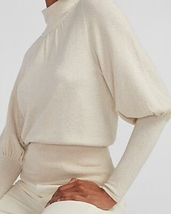 Metallic High Ribbed Blouson Sleeve Turtleneck Sweater White Women's XXS