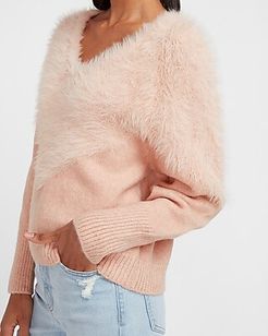 Faux Fur Pieced V-Neck Sweater Women's Dusty Rose