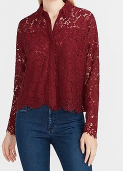 Sheer Lace Button-Up Shirt Red Women's XXS