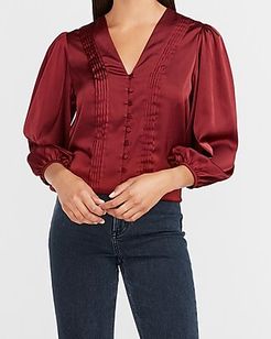 Satin Pleated Button Front Shirt Women's Wine