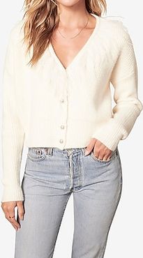 Bb Dakota Feather-Trimmed Button Front Cardigan White Women's L