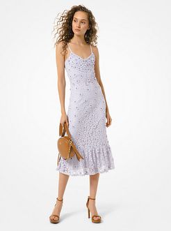 Embellished Corded Lace Ruffle-Hem Dress