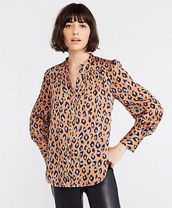 Animal Print Shirred Split Neck Blouse