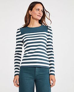 Striped Shoulder Button Puff Sleeve Top