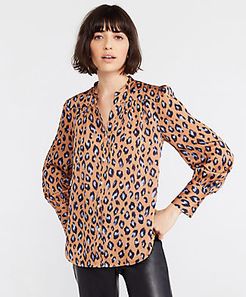 Petite Animal Print Shirred Split Neck Blouse